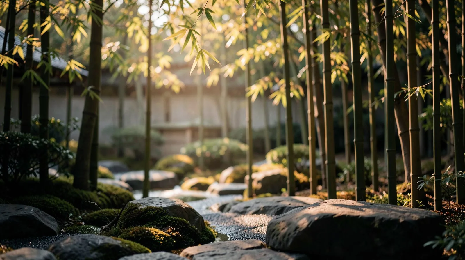 Tranquil morning in a Kyoto garden with soft light filtering through bamboo