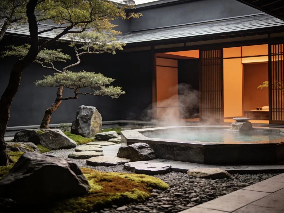 Traditional Japanese ryokan with onsen and garden